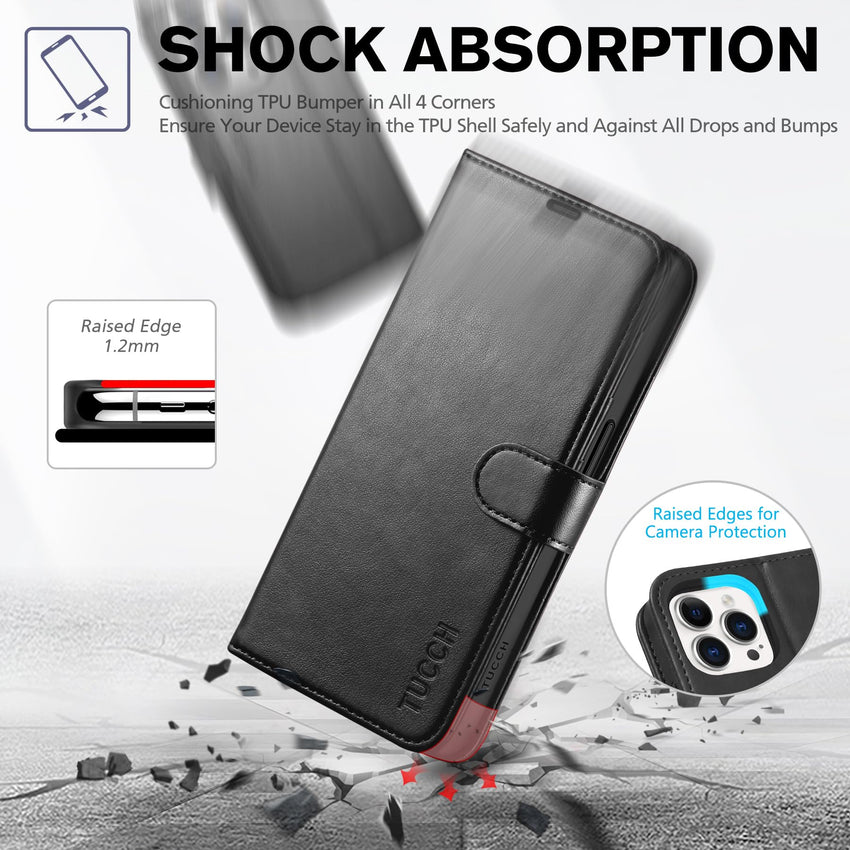 TUCCH Case Wallet for iPhone 15 Pro, RFID Blocking [4 Card Holder] Kickstand [Shockproof TPU Inner Shell] PU Leather Magnetic Protective Flip Cover 6.1" 2023, Black - 7DAY'S