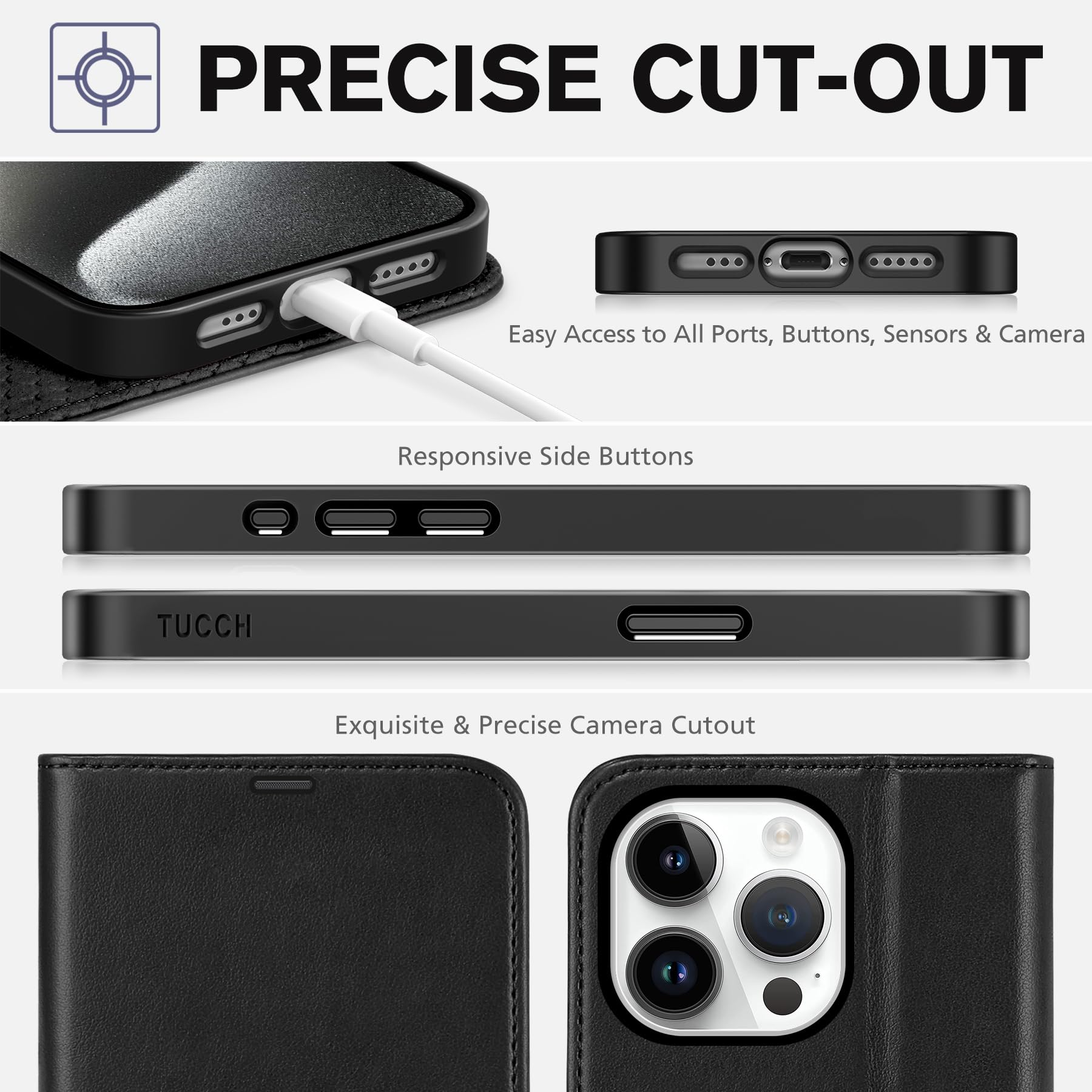 TUCCH Case Wallet for iPhone 15 Pro, RFID Blocking [4 Card Holder] Kickstand [Shockproof TPU Inner Shell] PU Leather Magnetic Protective Flip Cover 6.1" 2023, Black - 7DAY'S