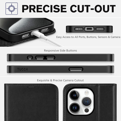 TUCCH Case Wallet for iPhone 15 Pro, RFID Blocking [4 Card Holder] Kickstand [Shockproof TPU Inner Shell] PU Leather Magnetic Protective Flip Cover 6.1" 2023, Black - 7DAY'S