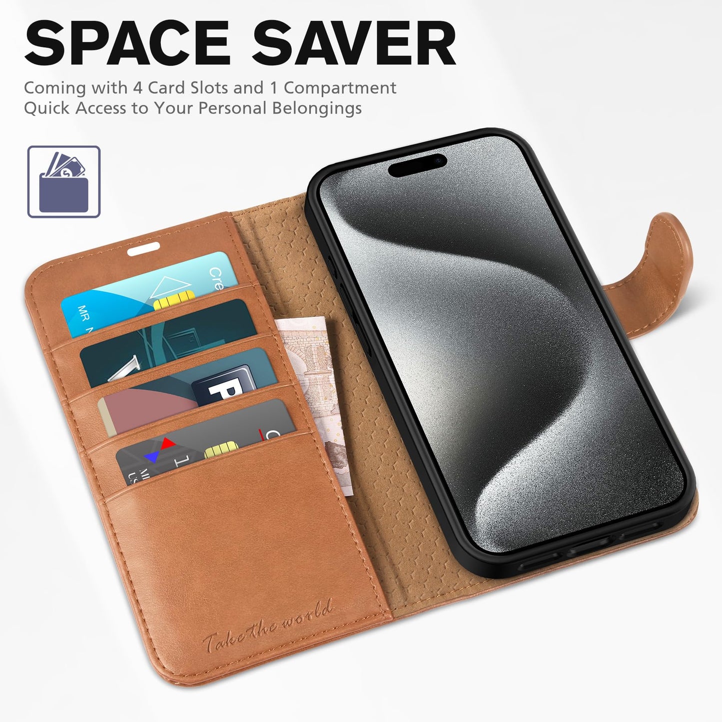 TUCCH Case Wallet for iPhone 15 Pro, RFID Blocking [4 Card Holder] Kickstand [Shockproof TPU Inner Shell] PU Leather Magnetic Protective Flip Cover 6.1" 2023, Black - 7DAY'S