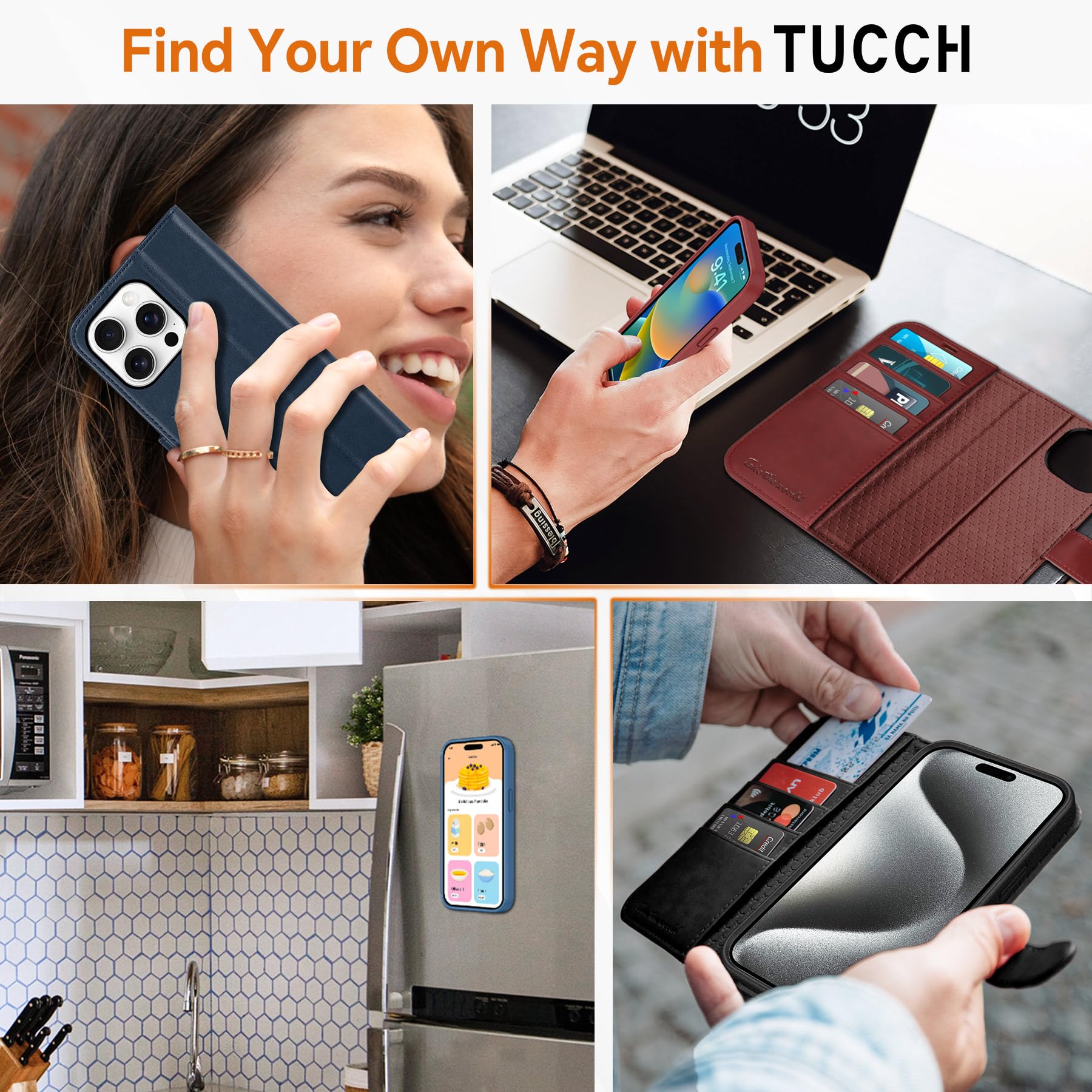 TUCCH Case Wallet for iPhone 15 Pro, RFID Blocking [4 Card Holder] Kickstand [Shockproof TPU Inner Shell] PU Leather Magnetic Protective Flip Cover 6.1" 2023, Black - 7DAY'S