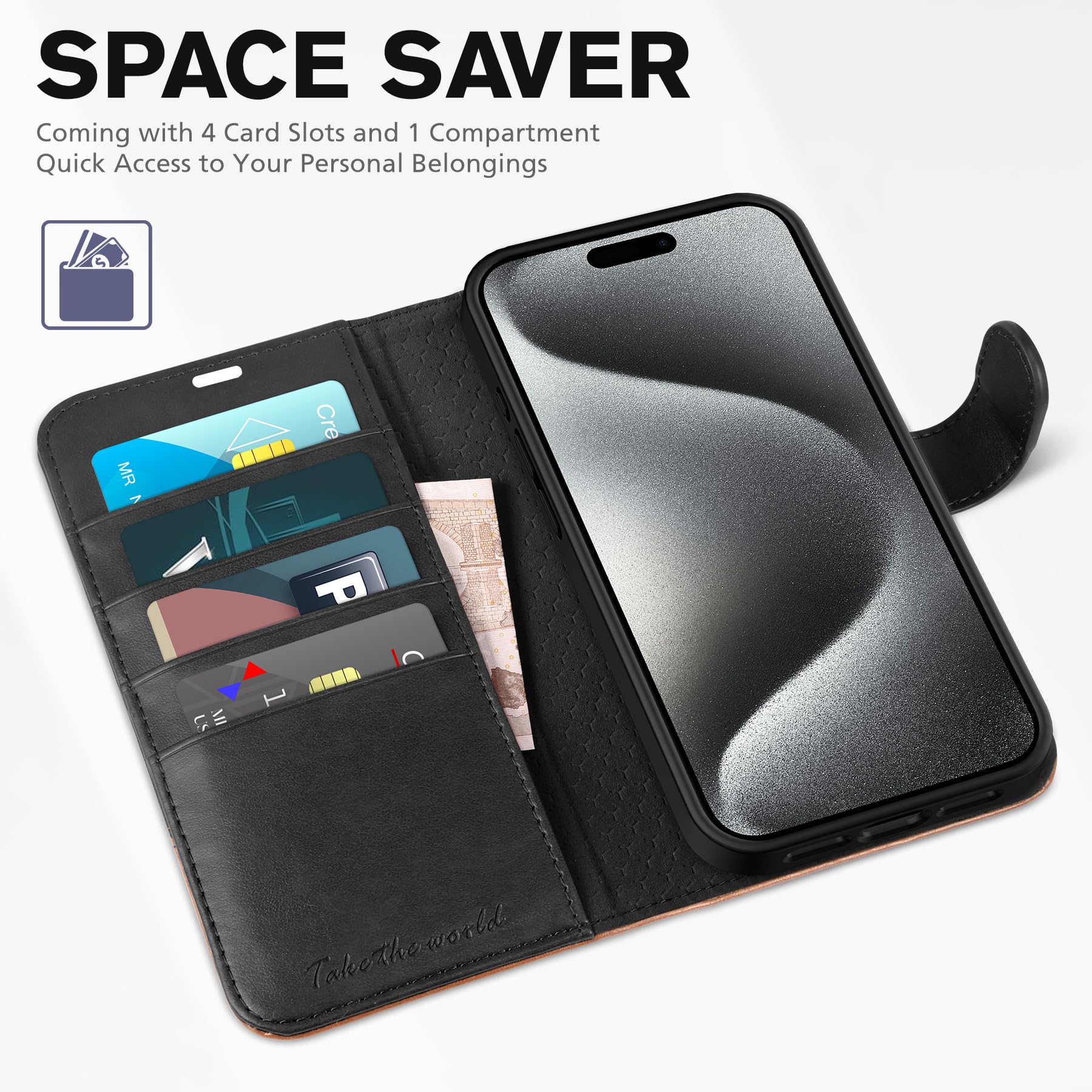 TUCCH Case Wallet for iPhone 15 Pro, RFID Blocking [4 Card Holder] Kickstand [Shockproof TPU Inner Shell] PU Leather Magnetic Protective Flip Cover 6.1" 2023, Black - 7DAY'S