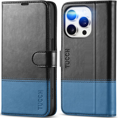 TUCCH Case Wallet for iPhone 15 Pro, RFID Blocking [4 Card Holder] Kickstand [Shockproof TPU Inner Shell] PU Leather Magnetic Protective Flip Cover 6.1" 2023, Black - 7DAY'S