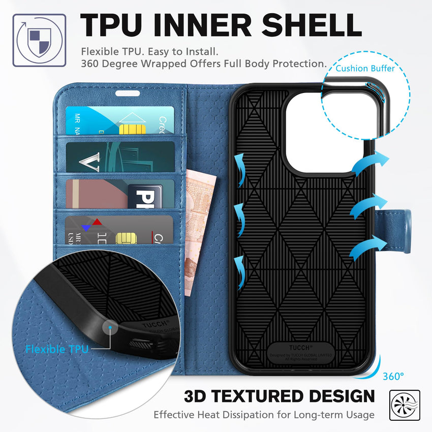 TUCCH Case Wallet for iPhone 15 Pro, RFID Blocking [4 Card Holder] Kickstand [Shockproof TPU Inner Shell] PU Leather Magnetic Protective Flip Cover 6.1" 2023, Black - 7DAY'S