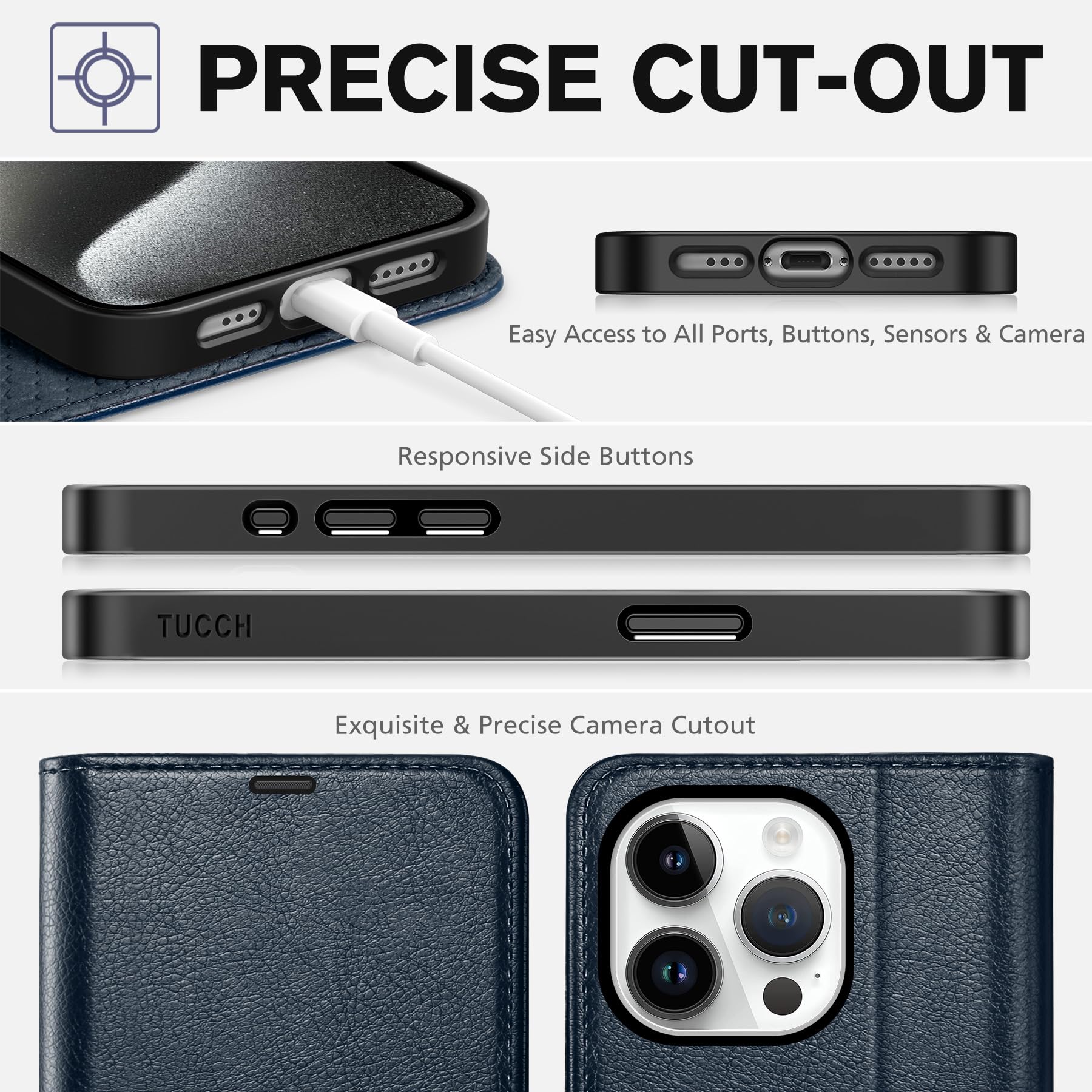 TUCCH Case Wallet for iPhone 15 Pro, RFID Blocking [4 Card Holder] Kickstand [Shockproof TPU Inner Shell] PU Leather Magnetic Protective Flip Cover 6.1" 2023, Black - 7DAY'S