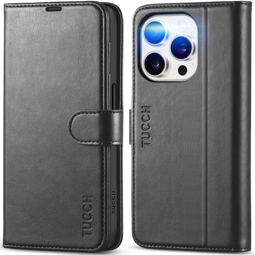 TUCCH Case Wallet for iPhone 15 Pro, RFID Blocking [4 Card Holder] Kickstand [Shockproof TPU Inner Shell] PU Leather Magnetic Protective Flip Cover 6.1" 2023, Black - 7DAY'S