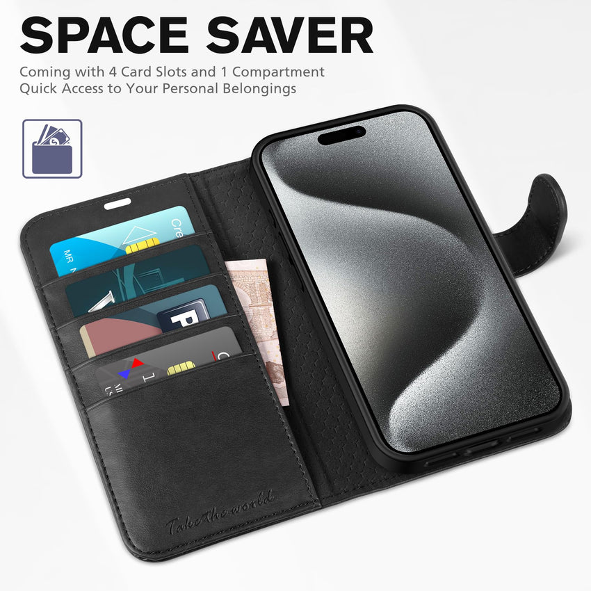 TUCCH Case Wallet for iPhone 15 Pro, RFID Blocking [4 Card Holder] Kickstand [Shockproof TPU Inner Shell] PU Leather Magnetic Protective Flip Cover 6.1" 2023, Black - 7DAY'S