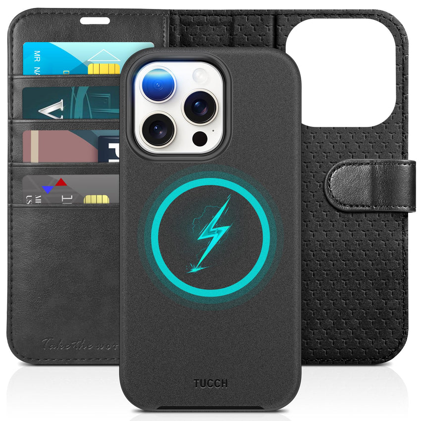 TUCCH Case Wallet for iPhone 15 Pro, RFID Blocking [4 Card Holder] Kickstand [Shockproof TPU Inner Shell] PU Leather Magnetic Protective Flip Cover 6.1" 2023, Black - 7DAY'S