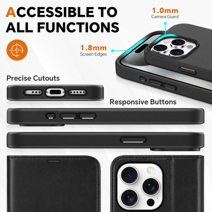 TUCCH Case Wallet for iPhone 15 Pro, RFID Blocking [4 Card Holder] Kickstand [Shockproof TPU Inner Shell] PU Leather Magnetic Protective Flip Cover 6.1" 2023, Black - 7DAY'S
