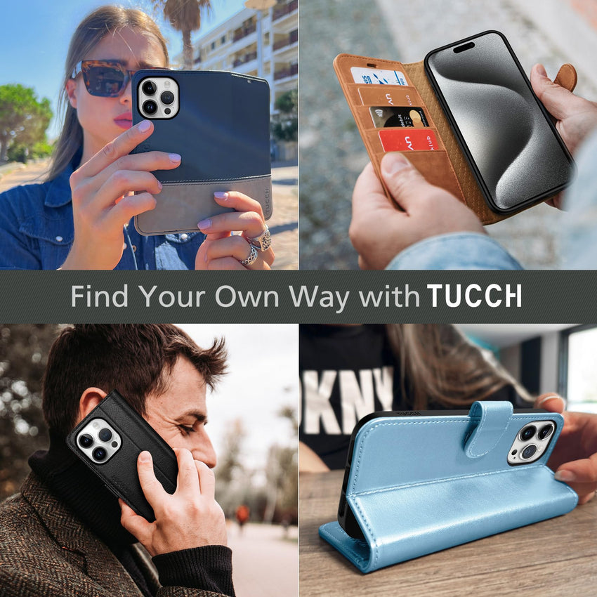 TUCCH Case Wallet for iPhone 15 Pro, RFID Blocking [4 Card Holder] Kickstand [Shockproof TPU Inner Shell] PU Leather Magnetic Protective Flip Cover 6.1" 2023, Black - 7DAY'S