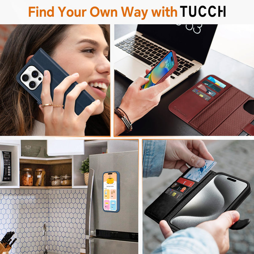 TUCCH Case Wallet for iPhone 15 Pro, RFID Blocking [4 Card Holder] Kickstand [Shockproof TPU Inner Shell] PU Leather Magnetic Protective Flip Cover 6.1" 2023, Black - 7DAY'S