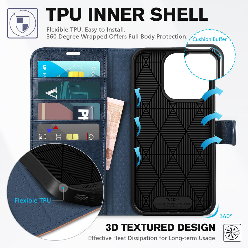 TUCCH Case Wallet for iPhone 15 Pro, RFID Blocking [4 Card Holder] Kickstand [Shockproof TPU Inner Shell] PU Leather Magnetic Protective Flip Cover 6.1" 2023, Black - 7DAY'S