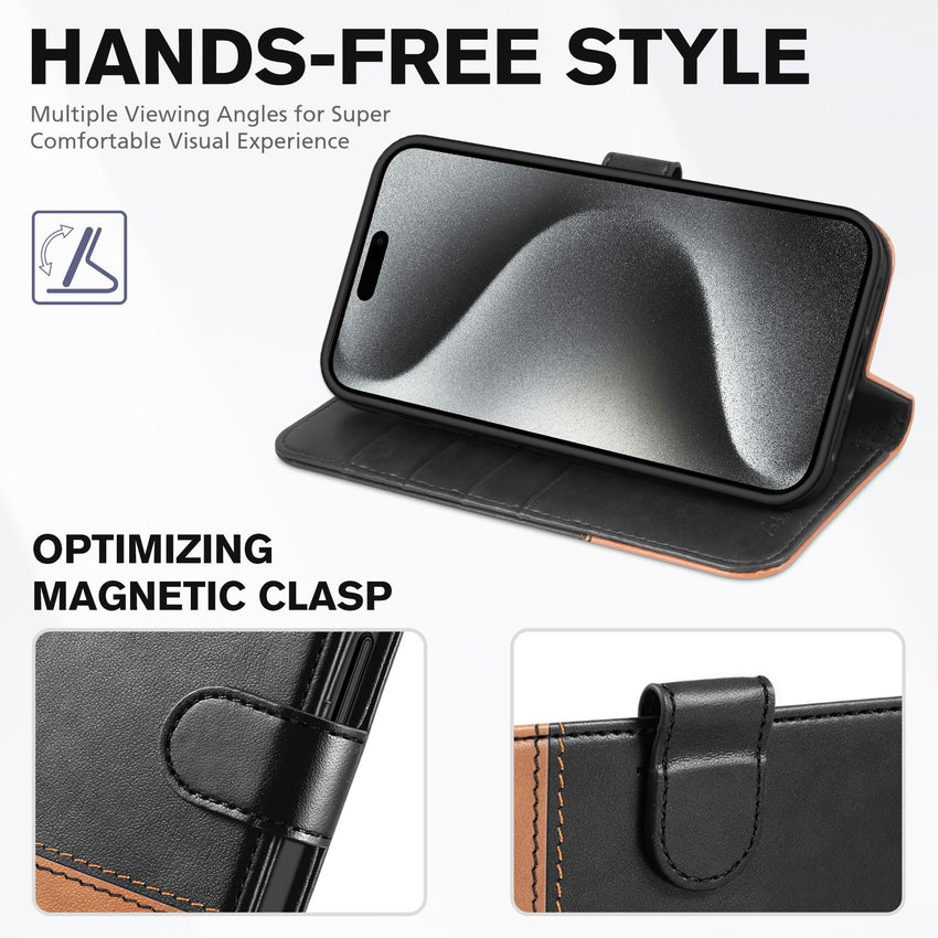 TUCCH Case Wallet for iPhone 15 Pro, RFID Blocking [4 Card Holder] Kickstand [Shockproof TPU Inner Shell] PU Leather Magnetic Protective Flip Cover 6.1" 2023, Black - 7DAY'S