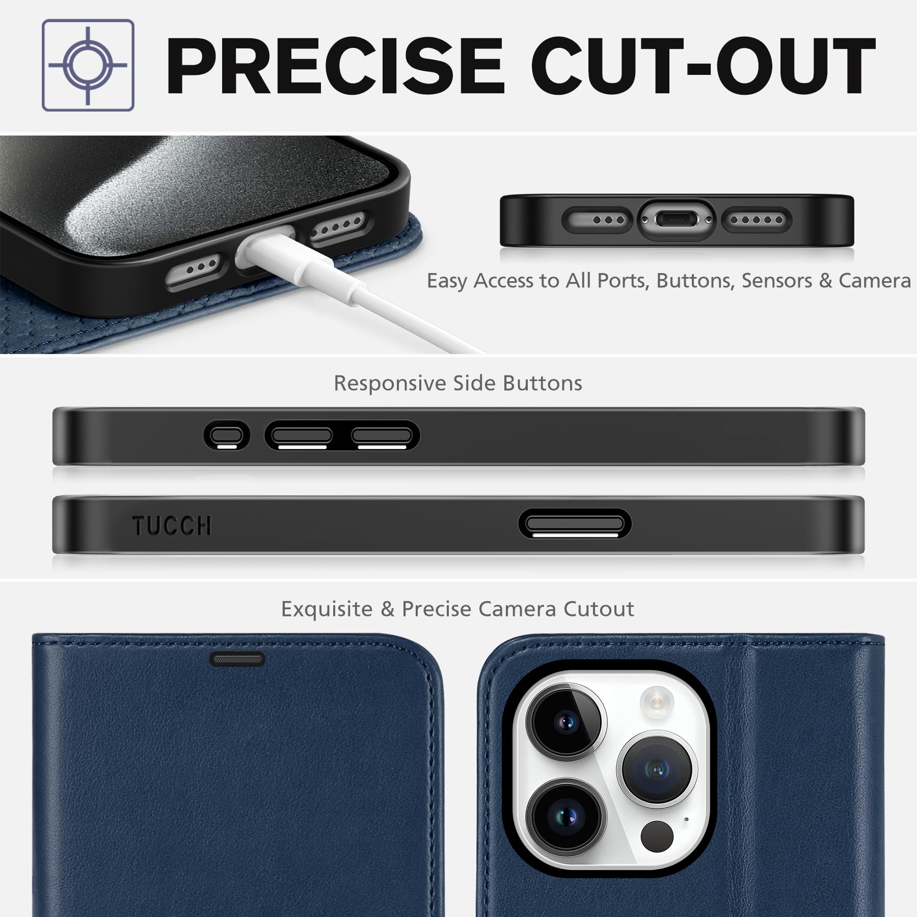 TUCCH Case Wallet for iPhone 15 Pro, RFID Blocking [4 Card Holder] Kickstand [Shockproof TPU Inner Shell] PU Leather Magnetic Protective Flip Cover 6.1" 2023, Black - 7DAY'S
