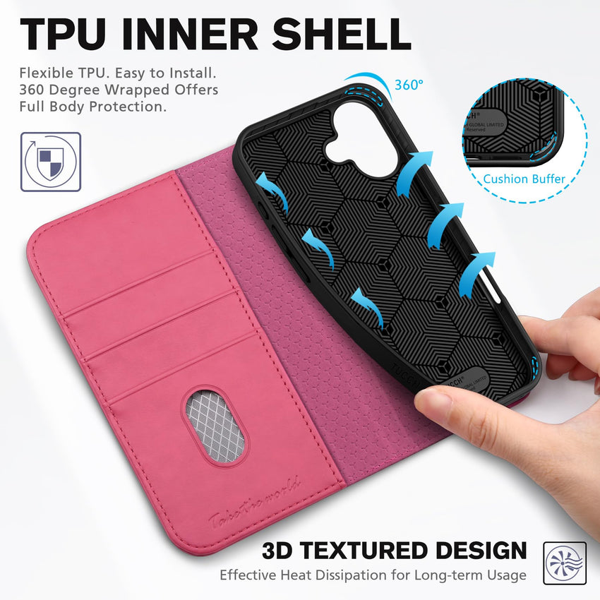 TUCCH Case Wallet for iPhone 16, [3 Card Slots] Kickstand PU Leather [RFID Blocking] Flip Folio Cover with [TPU Shockproof Interior Shell] 6.1" 2024, Classic Black - 7DAY'S