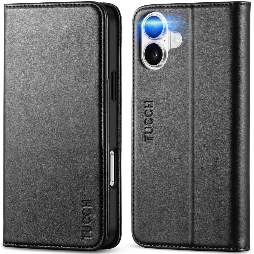 TUCCH Case Wallet for iPhone 16, [3 Card Slots] Kickstand PU Leather [RFID Blocking] Flip Folio Cover with [TPU Shockproof Interior Shell] 6.1" 2024, Classic Black - 7DAY'S
