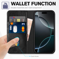 TUCCH Case Wallet for iPhone 16, [3 Card Slots] Kickstand PU Leather [RFID Blocking] Flip Folio Cover with [TPU Shockproof Interior Shell] 6.1" 2024, Classic Black - 7DAY'S