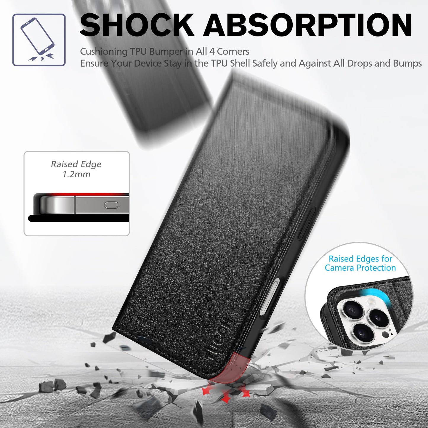 TUCCH Case Wallet for iPhone 16, [3 Card Slots] Kickstand PU Leather [RFID Blocking] Flip Folio Cover with [TPU Shockproof Interior Shell] 6.1" 2024, Classic Black - 7DAY'S