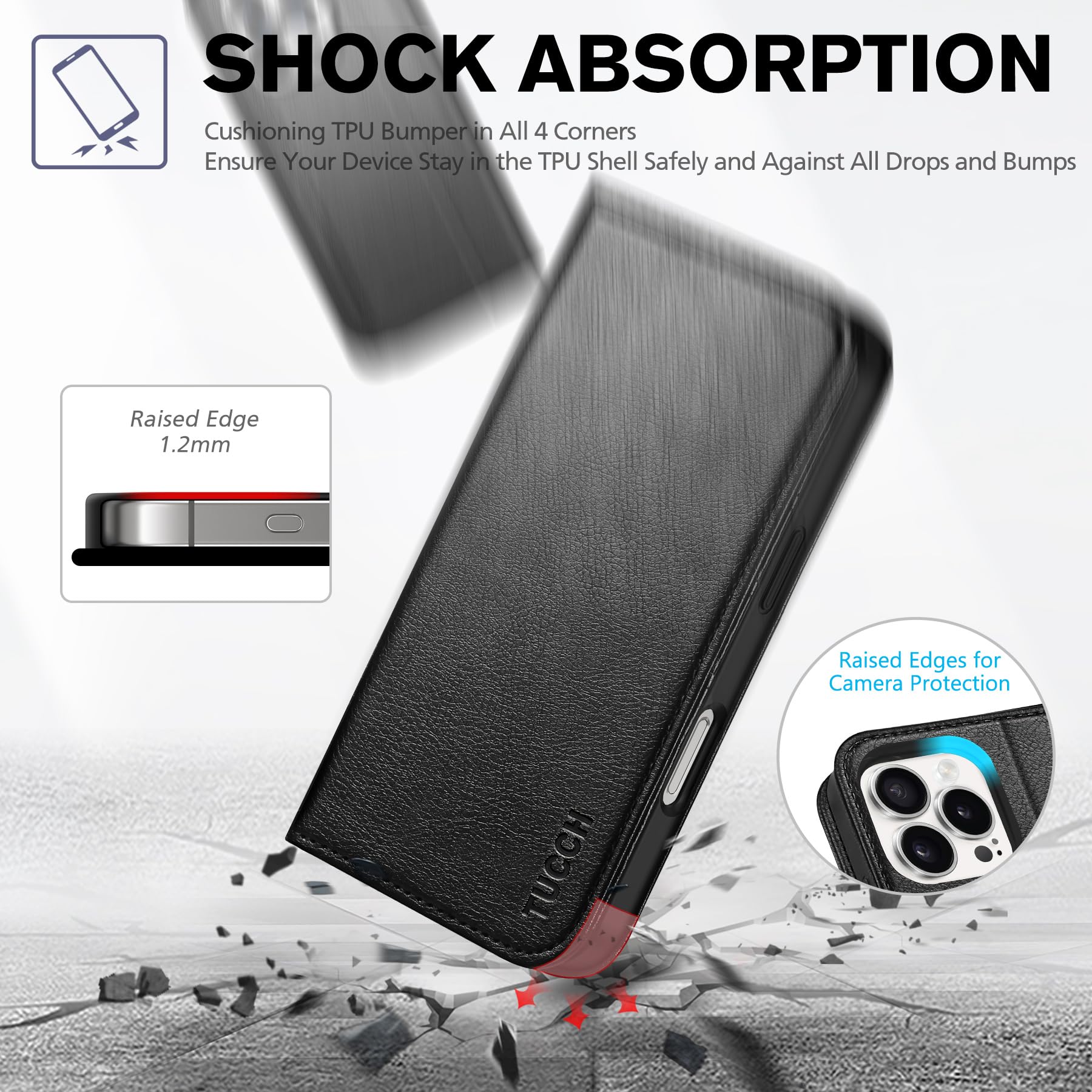 TUCCH Case Wallet for iPhone 16, [3 Card Slots] Kickstand PU Leather [RFID Blocking] Flip Folio Cover with [TPU Shockproof Interior Shell] 6.1" 2024, Classic Black - 7DAY'S