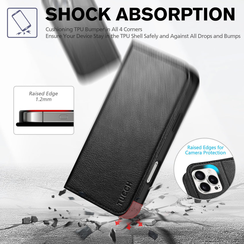 TUCCH Case Wallet for iPhone 16, [3 Card Slots] Kickstand PU Leather [RFID Blocking] Flip Folio Cover with [TPU Shockproof Interior Shell] 6.1" 2024, Classic Black - 7DAY'S