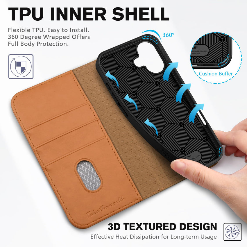 TUCCH Case Wallet for iPhone 16, [3 Card Slots] Kickstand PU Leather [RFID Blocking] Flip Folio Cover with [TPU Shockproof Interior Shell] 6.1" 2024, Classic Black - 7DAY'S