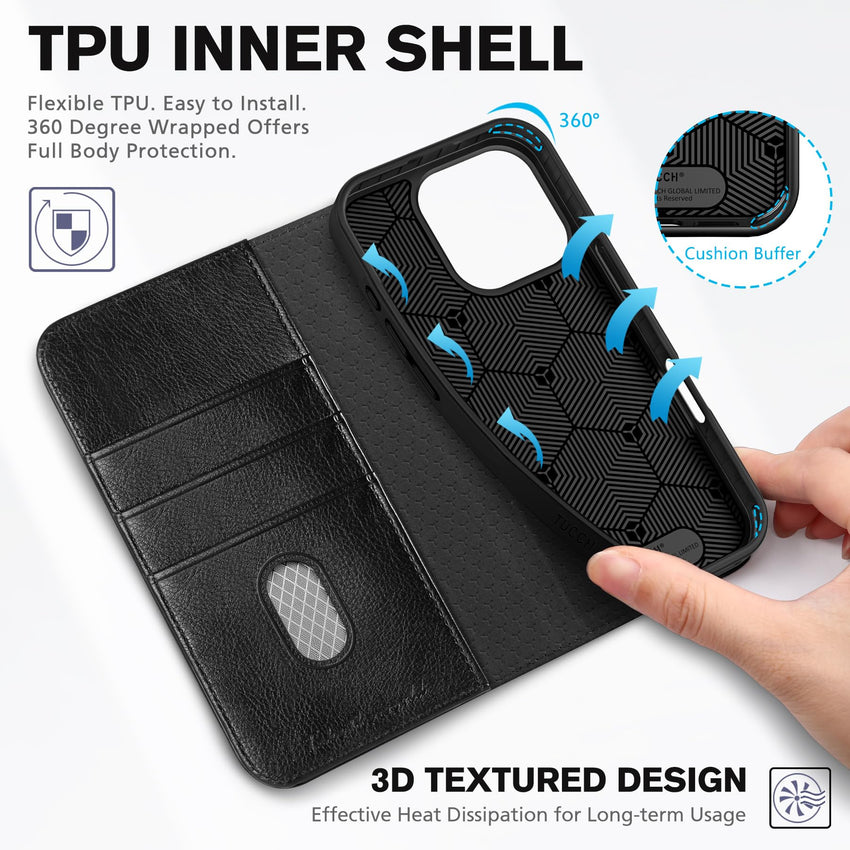 TUCCH Case Wallet for iPhone 16, [3 Card Slots] Kickstand PU Leather [RFID Blocking] Flip Folio Cover with [TPU Shockproof Interior Shell] 6.1" 2024, Classic Black - 7DAY'S