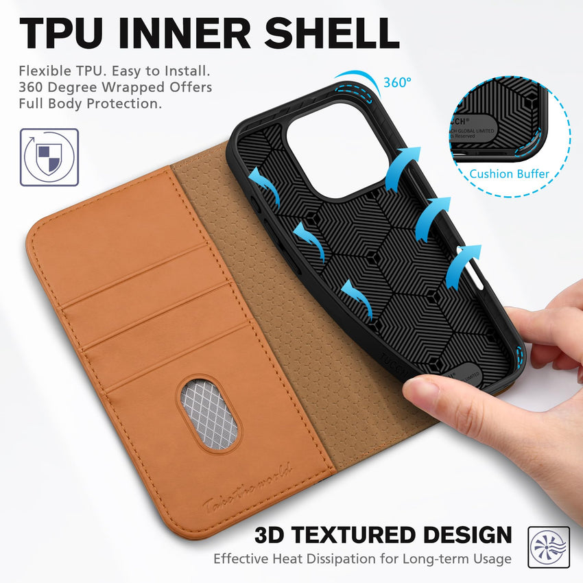 TUCCH Case Wallet for iPhone 16, [3 Card Slots] Kickstand PU Leather [RFID Blocking] Flip Folio Cover with [TPU Shockproof Interior Shell] 6.1" 2024, Classic Black - 7DAY'S