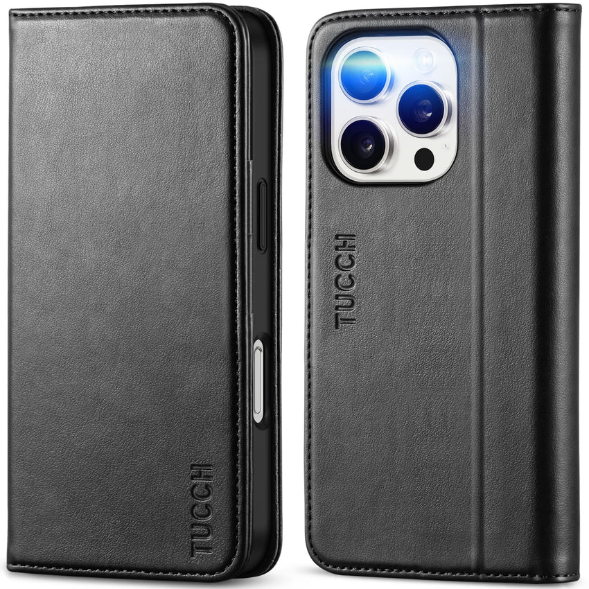 TUCCH Case Wallet for iPhone 16, [3 Card Slots] Kickstand PU Leather [RFID Blocking] Flip Folio Cover with [TPU Shockproof Interior Shell] 6.1" 2024, Classic Black - 7DAY'S