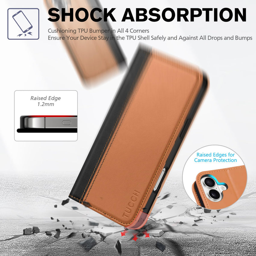 TUCCH Case Wallet for iPhone 16, [3 Card Slots] Kickstand PU Leather [RFID Blocking] Flip Folio Cover with [TPU Shockproof Interior Shell] 6.1" 2024, Classic Black - 7DAY'S