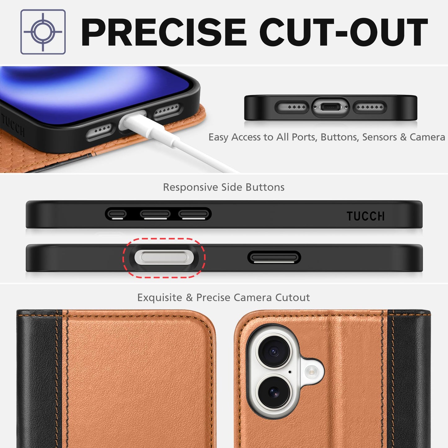 TUCCH Case Wallet for iPhone 16, [3 Card Slots] Kickstand PU Leather [RFID Blocking] Flip Folio Cover with [TPU Shockproof Interior Shell] 6.1" 2024, Classic Black - 7DAY'S