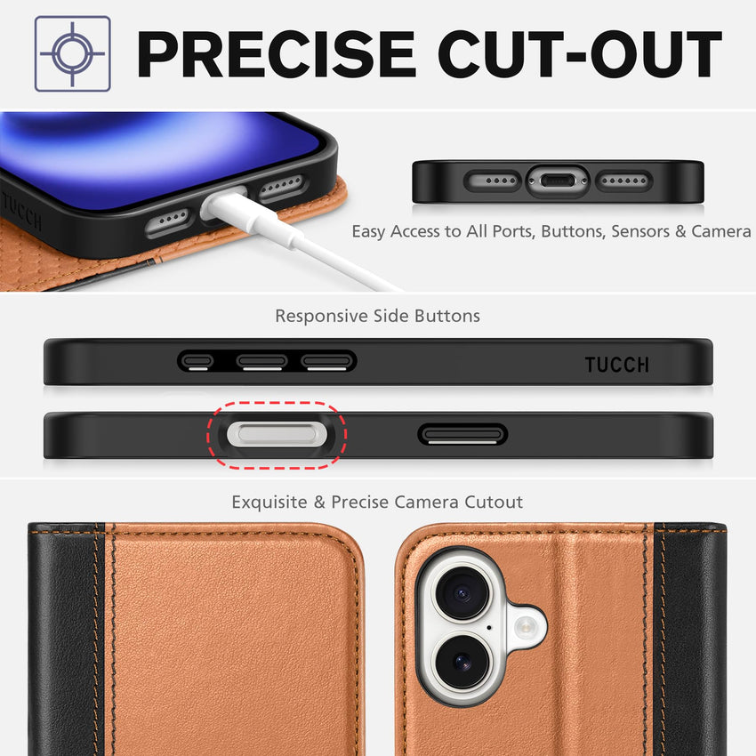 TUCCH Case Wallet for iPhone 16, [3 Card Slots] Kickstand PU Leather [RFID Blocking] Flip Folio Cover with [TPU Shockproof Interior Shell] 6.1" 2024, Classic Black - 7DAY'S