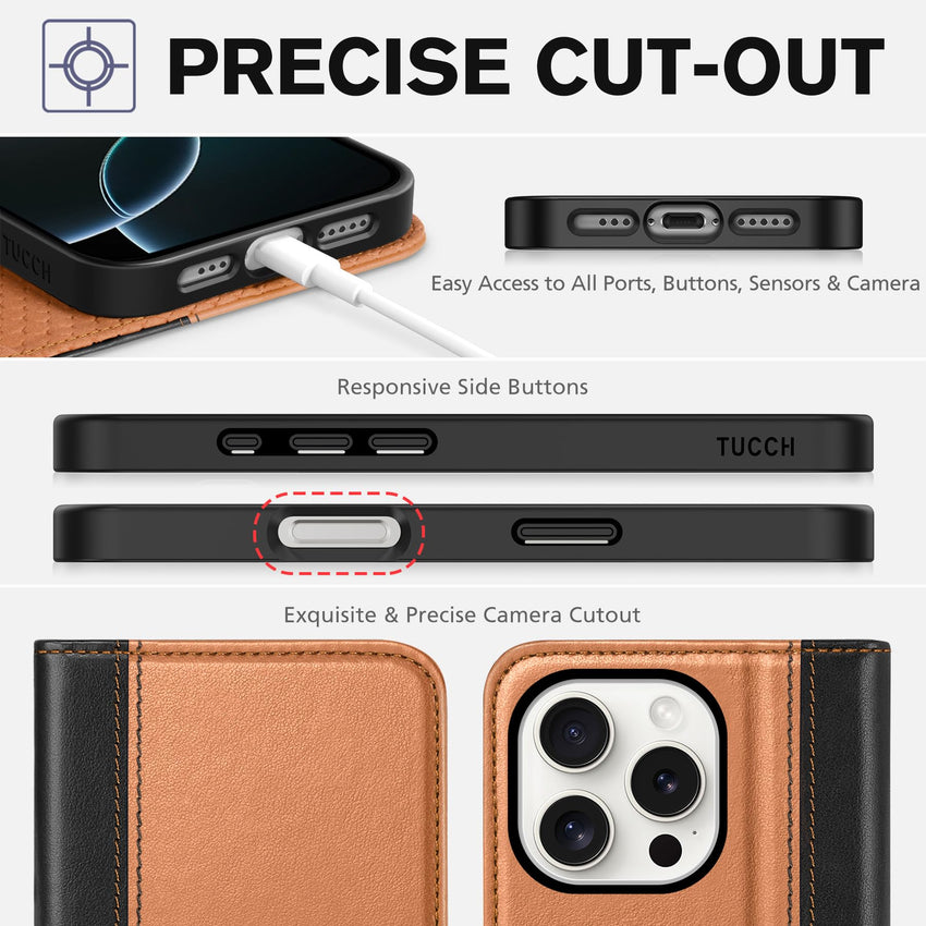 TUCCH Case Wallet for iPhone 16, [3 Card Slots] Kickstand PU Leather [RFID Blocking] Flip Folio Cover with [TPU Shockproof Interior Shell] 6.1" 2024, Classic Black - 7DAY'S