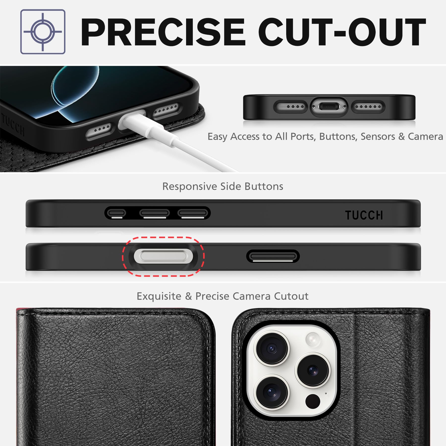 TUCCH Case Wallet for iPhone 16, [3 Card Slots] Kickstand PU Leather [RFID Blocking] Flip Folio Cover with [TPU Shockproof Interior Shell] 6.1" 2024, Classic Black - 7DAY'S