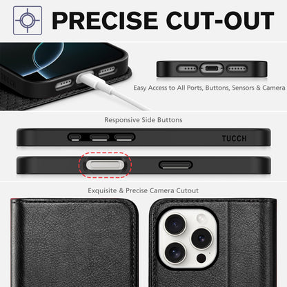 TUCCH Case Wallet for iPhone 16, [3 Card Slots] Kickstand PU Leather [RFID Blocking] Flip Folio Cover with [TPU Shockproof Interior Shell] 6.1" 2024, Classic Black - 7DAY'S