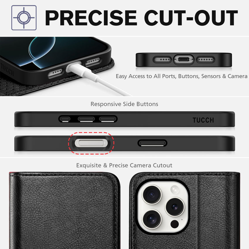TUCCH Case Wallet for iPhone 16, [3 Card Slots] Kickstand PU Leather [RFID Blocking] Flip Folio Cover with [TPU Shockproof Interior Shell] 6.1" 2024, Classic Black - 7DAY'S
