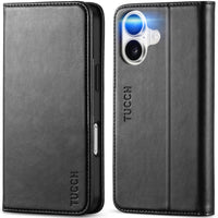 TUCCH Case Wallet for iPhone 16, [3 Card Slots] Kickstand PU Leather [RFID Blocking] Flip Folio Cover with [TPU Shockproof Interior Shell] 6.1" 2024, Classic Black - 7DAY'S