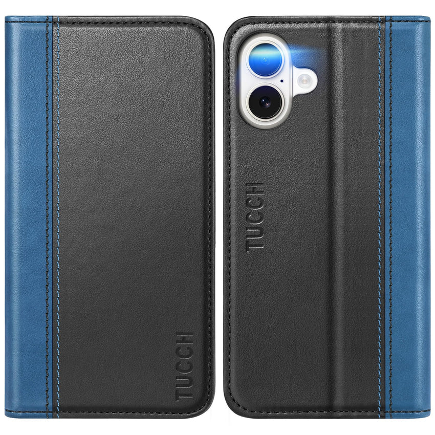 TUCCH Case Wallet for iPhone 16, [3 Card Slots] Kickstand PU Leather [RFID Blocking] Flip Folio Cover with [TPU Shockproof Interior Shell] 6.1" 2024, Classic Black - 7DAY'S