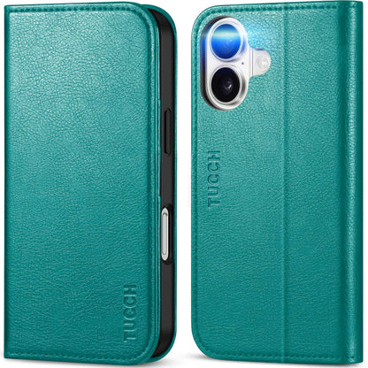 TUCCH Case Wallet for iPhone 16, [3 Card Slots] Kickstand PU Leather [RFID Blocking] Flip Folio Cover with [TPU Shockproof Interior Shell] 6.1" 2024, Classic Black - 7DAY'S