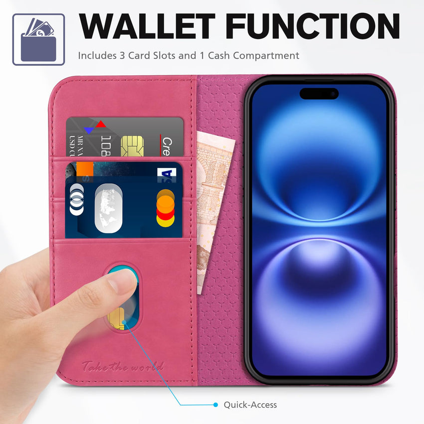TUCCH Case Wallet for iPhone 16, [3 Card Slots] Kickstand PU Leather [RFID Blocking] Flip Folio Cover with [TPU Shockproof Interior Shell] 6.1" 2024, Classic Black - 7DAY'S