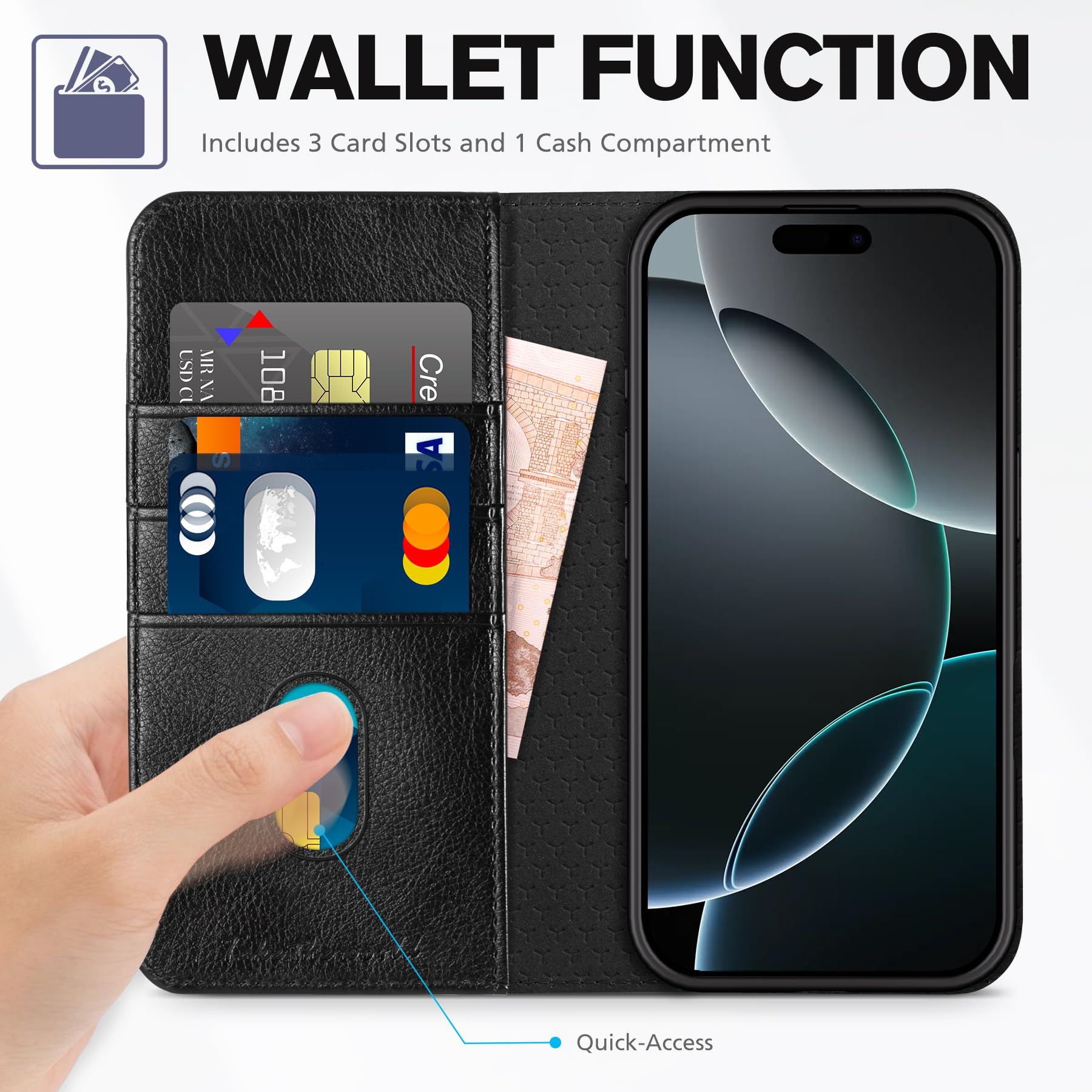 TUCCH Case Wallet for iPhone 16, [3 Card Slots] Kickstand PU Leather [RFID Blocking] Flip Folio Cover with [TPU Shockproof Interior Shell] 6.1" 2024, Classic Black - 7DAY'S