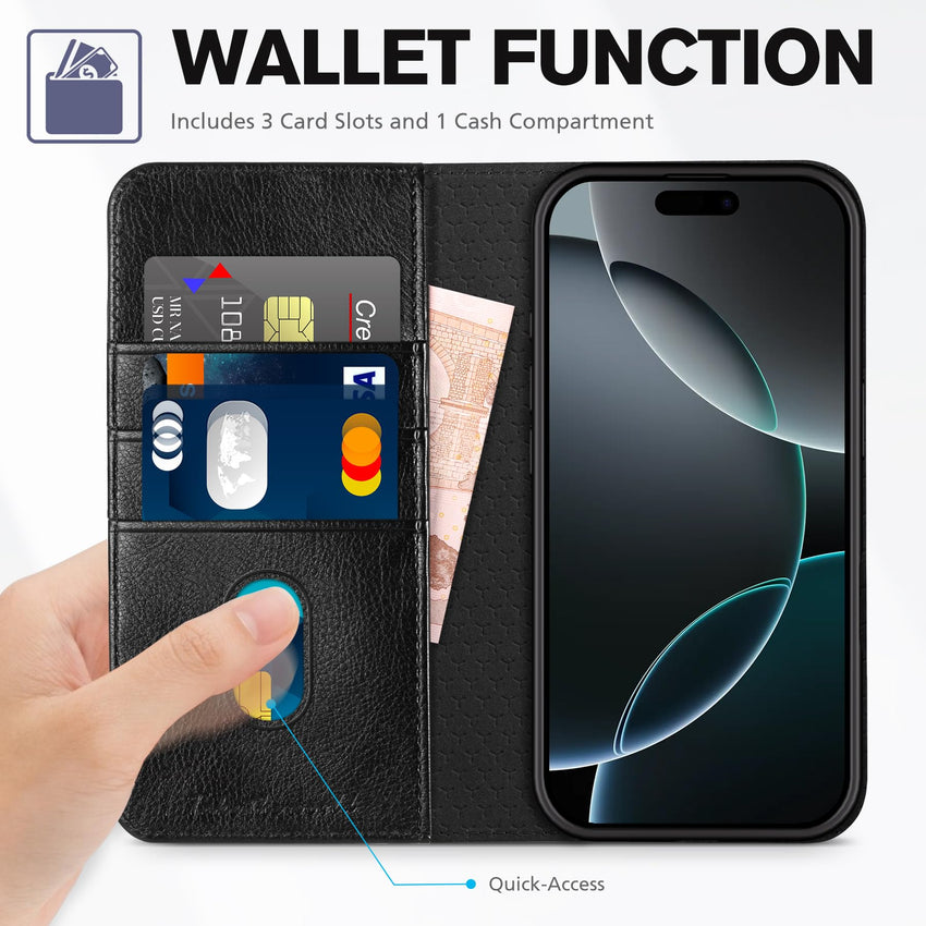 TUCCH Case Wallet for iPhone 16, [3 Card Slots] Kickstand PU Leather [RFID Blocking] Flip Folio Cover with [TPU Shockproof Interior Shell] 6.1" 2024, Classic Black - 7DAY'S