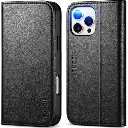 TUCCH Case Wallet for iPhone 16, [3 Card Slots] Kickstand PU Leather [RFID Blocking] Flip Folio Cover with [TPU Shockproof Interior Shell] 6.1" 2024, Classic Black - 7DAY'S