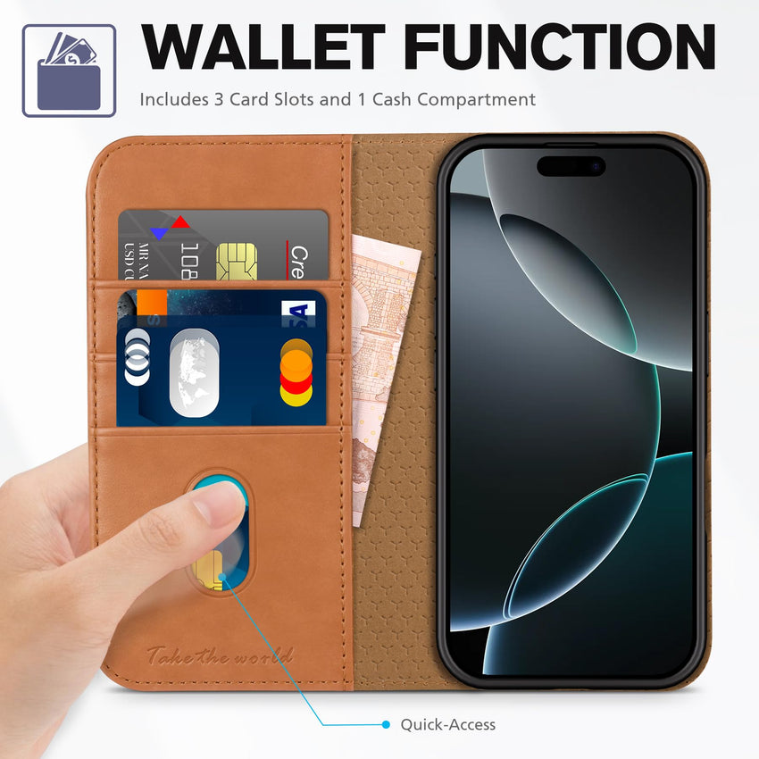 TUCCH Case Wallet for iPhone 16, [3 Card Slots] Kickstand PU Leather [RFID Blocking] Flip Folio Cover with [TPU Shockproof Interior Shell] 6.1" 2024, Classic Black - 7DAY'S