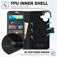 TUCCH Case Wallet for iPhone 16 Plus, RFID Blocking 4 Card Holder Kickstand [Shockproof TPU Interior Shell], PU Leather Magnetic Protective Flip Cover 6.7" 2024, Black - 7DAY'S