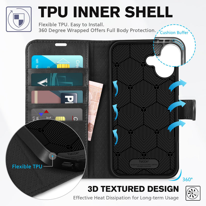 TUCCH Case Wallet for iPhone 16 Plus, RFID Blocking 4 Card Holder Kickstand [Shockproof TPU Interior Shell], PU Leather Magnetic Protective Flip Cover 6.7" 2024, Black - 7DAY'S