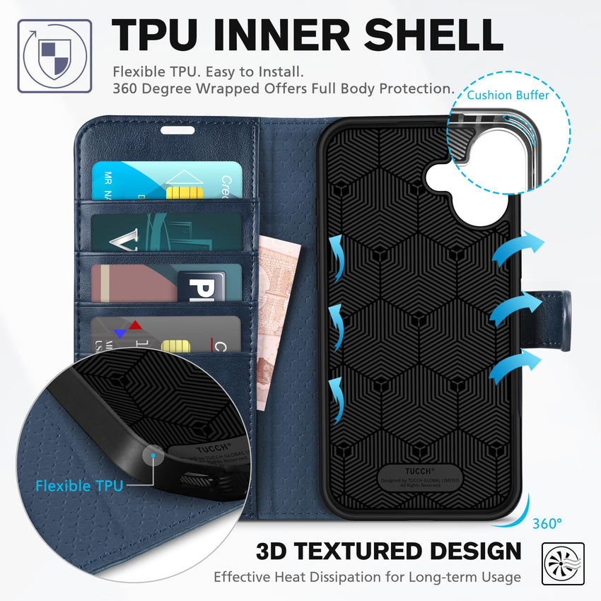 TUCCH Case Wallet for iPhone 16 Plus, RFID Blocking 4 Card Holder Kickstand [Shockproof TPU Interior Shell], PU Leather Magnetic Protective Flip Cover 6.7" 2024, Black - 7DAY'S