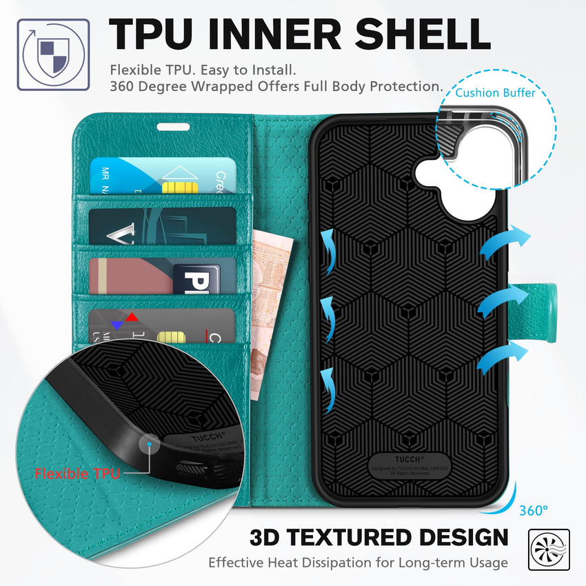 TUCCH Case Wallet for iPhone 16 Plus, RFID Blocking 4 Card Holder Kickstand [Shockproof TPU Interior Shell], PU Leather Magnetic Protective Flip Cover 6.7" 2024, Black - 7DAY'S