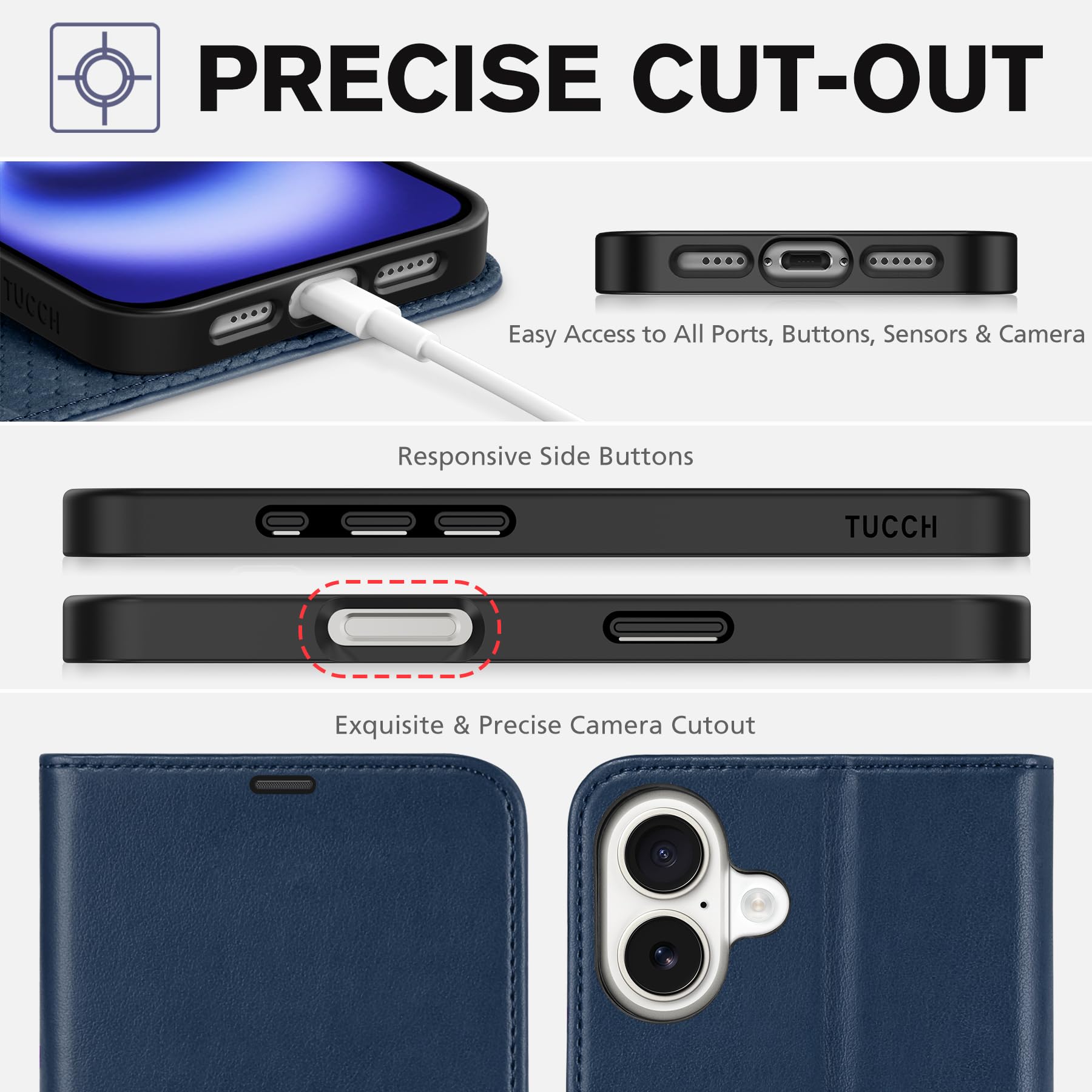 TUCCH Case Wallet for iPhone 16 Plus, RFID Blocking 4 Card Holder Kickstand [Shockproof TPU Interior Shell], PU Leather Magnetic Protective Flip Cover 6.7" 2024, Black - 7DAY'S