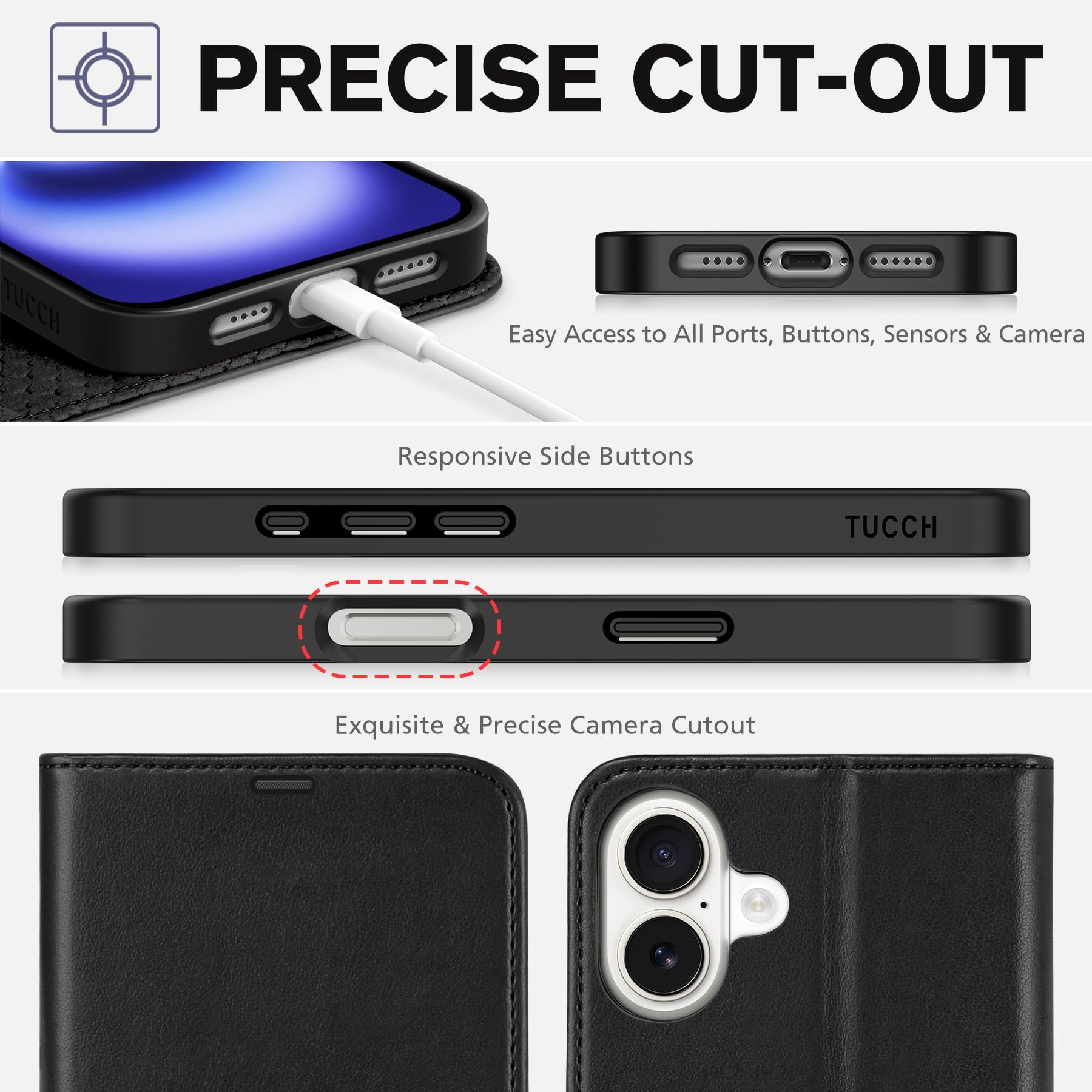 TUCCH Case Wallet for iPhone 16 Plus, RFID Blocking 4 Card Holder Kickstand [Shockproof TPU Interior Shell], PU Leather Magnetic Protective Flip Cover 6.7" 2024, Black - 7DAY'S