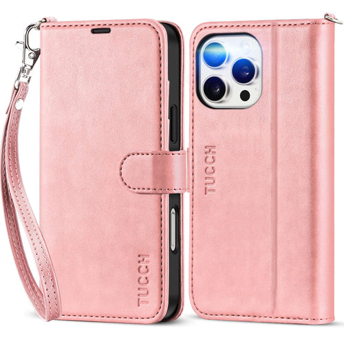 TUCCH Case Wallet for iPhone 16 Pro Max, [Wrist Strap] RFID Blocking 4 Card Slots Kickstand [Soft TPU Shell], PU Leather Magnetic Flip Cover Compatible with iPhone 16 Pro Max, Black with Wristlet